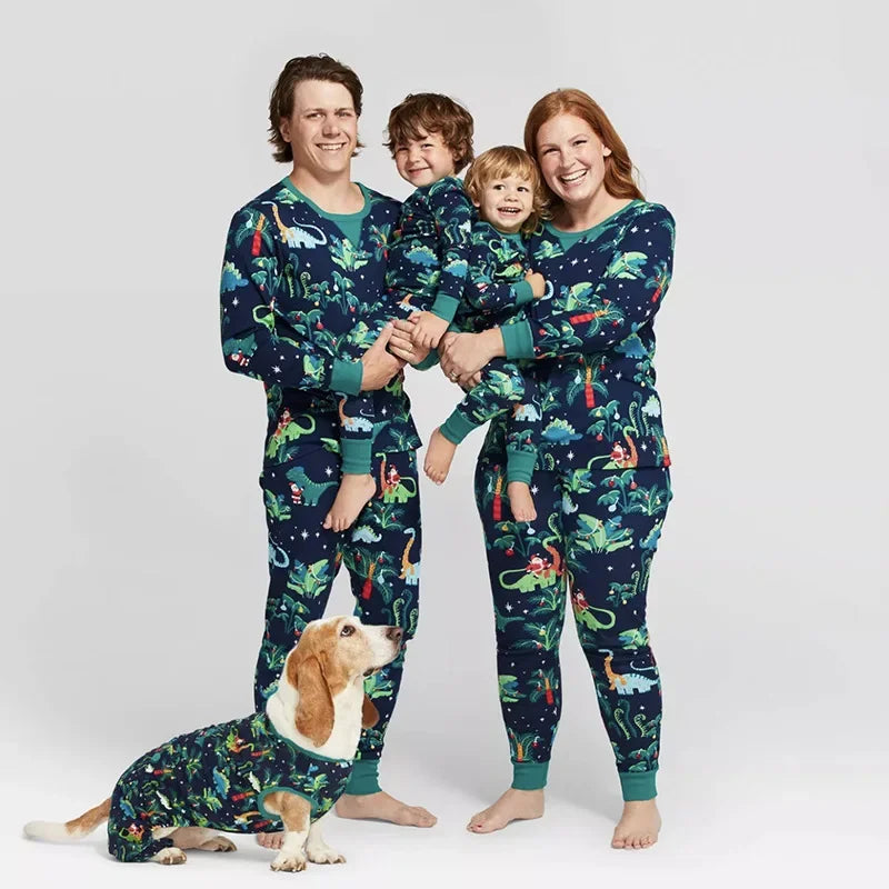 Pijama Navideño Familiar a Juego con Mascota - Dinosaurios